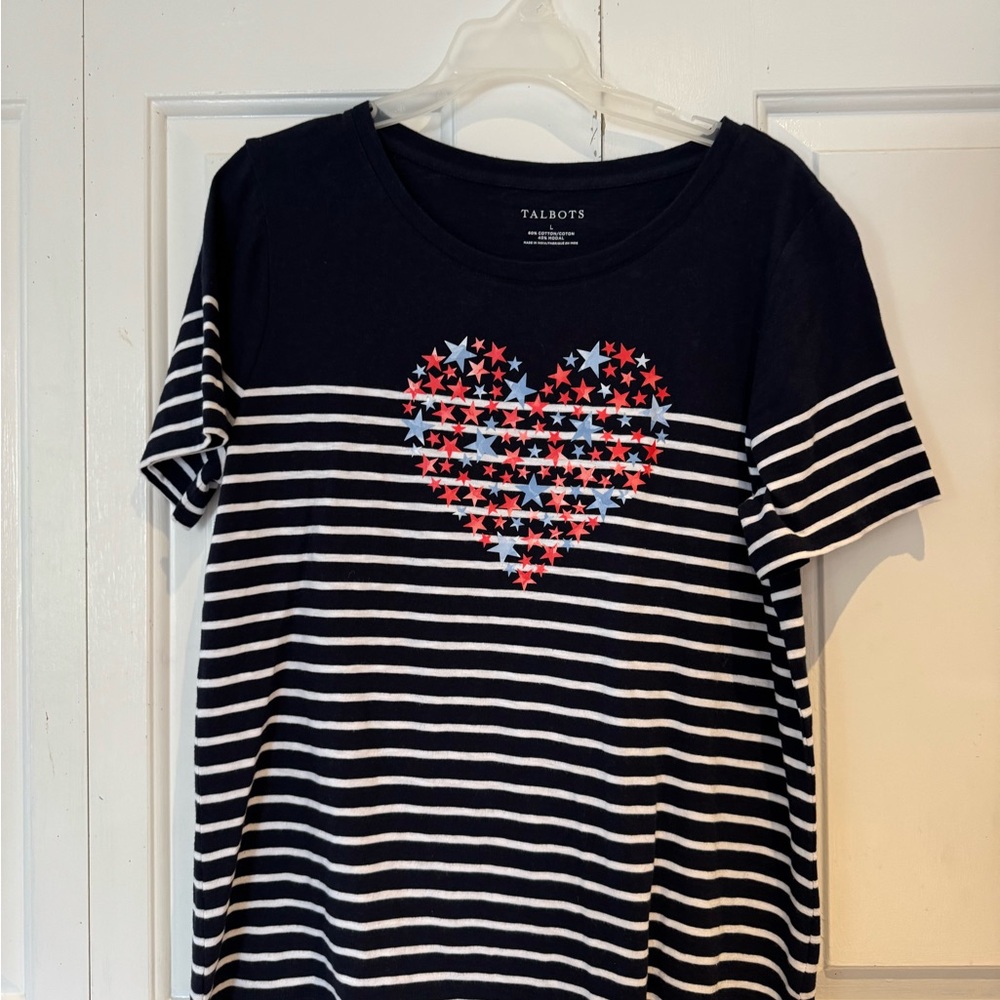 Talbots Navy Striped Tee with Red & Light Blue Star Heart